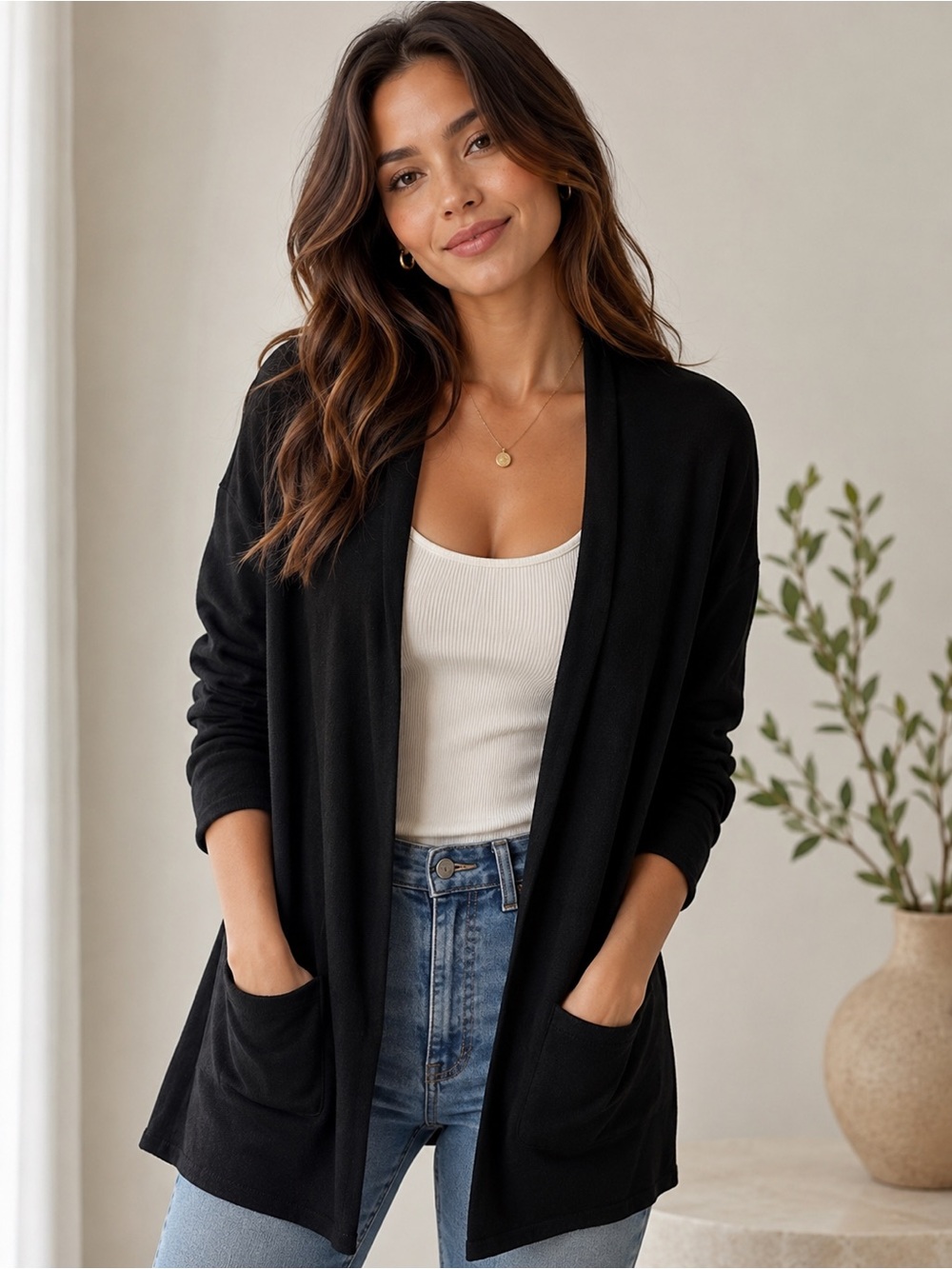 Source Unknown Black Open-Front Women's Cardigan